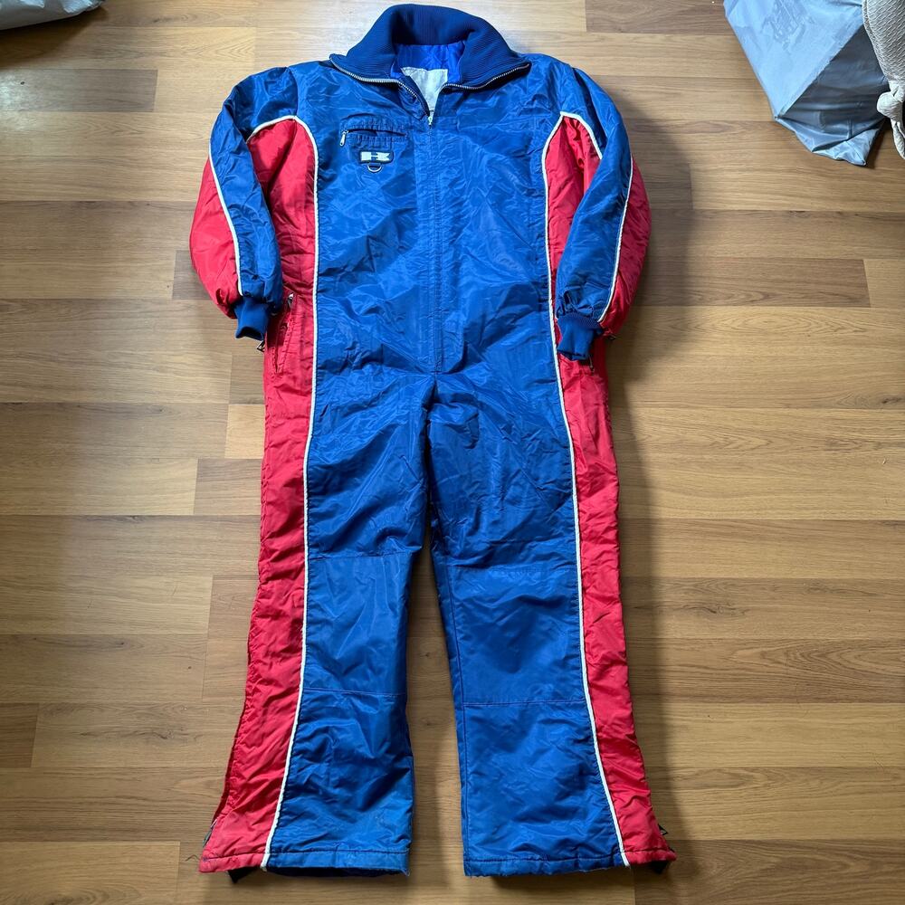 Men's Vintage 1970's Kawasaki Snowmobile Blue Lined Coverall Snowsuit Sz Medium